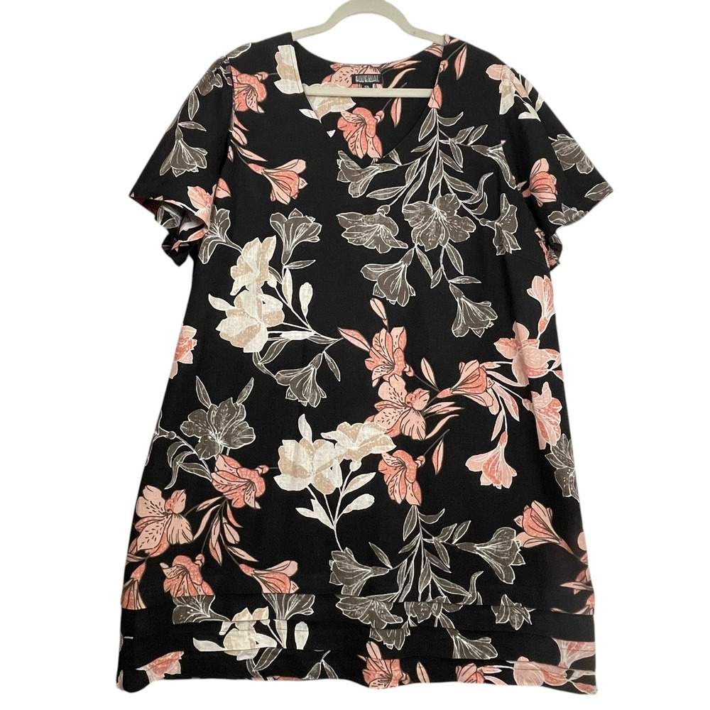 Nicole Miller Original XXL Black Floral Linen Blend Midi Dress Boho Resort